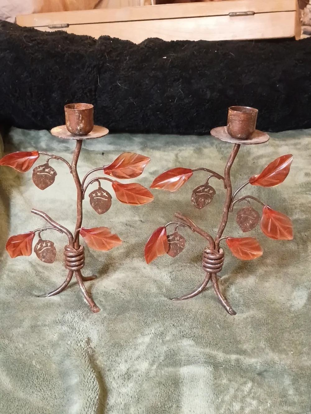 Vintage Rustic Metal Branch Acorn Candle Holder Pair Autumn Oak Leaf Taper Stick